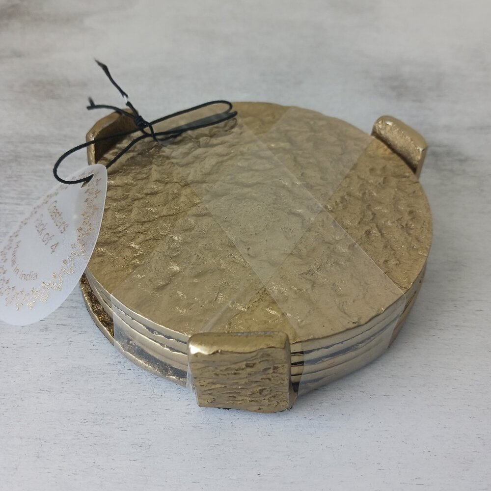 Gold Textured Hammered Metal Round Coaster Set of 4 on Standard India D 3.75"
